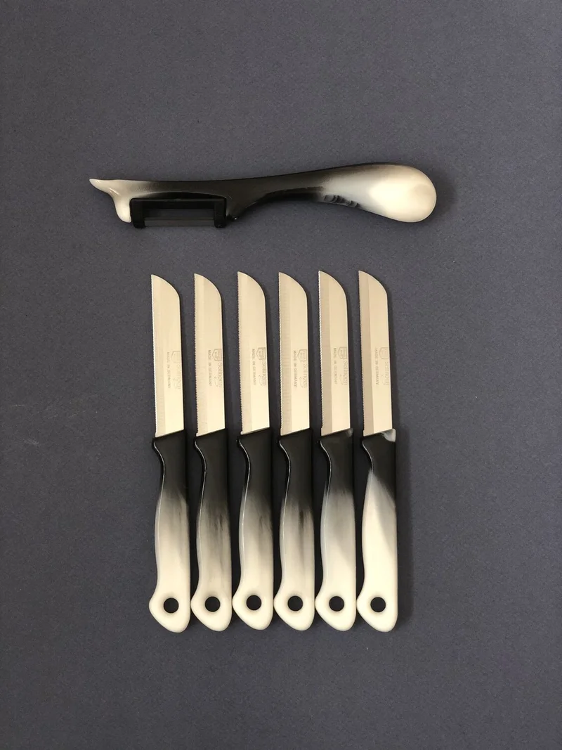 solingen Set of 6 Marbled Black Knives and Side Peeler
