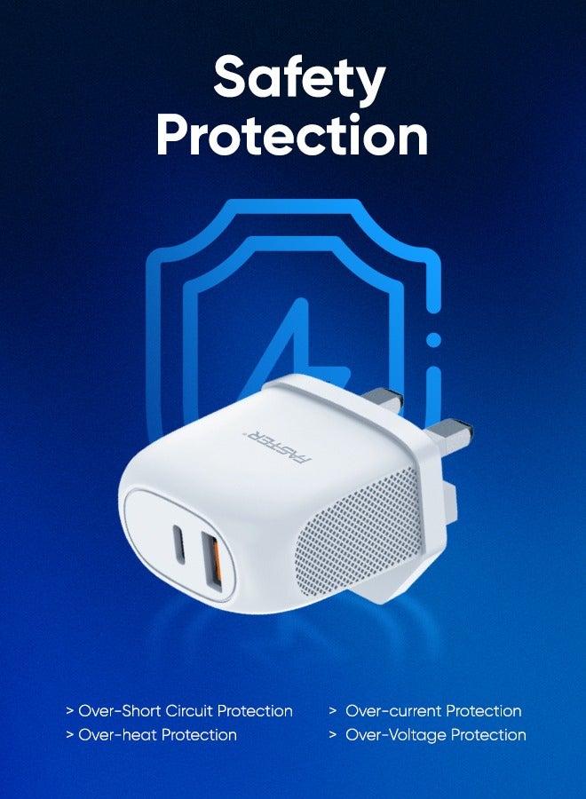 Faster V400B 22.5W Dual Port Wall Charger with 100cm Fast Charging Cable- Compact Fast Charging Brick with USB-C & USB-A, PD Power Delivery Safety Protection- Charger for iPhone Android & Type-C Enabled Devices, White - Image 4
