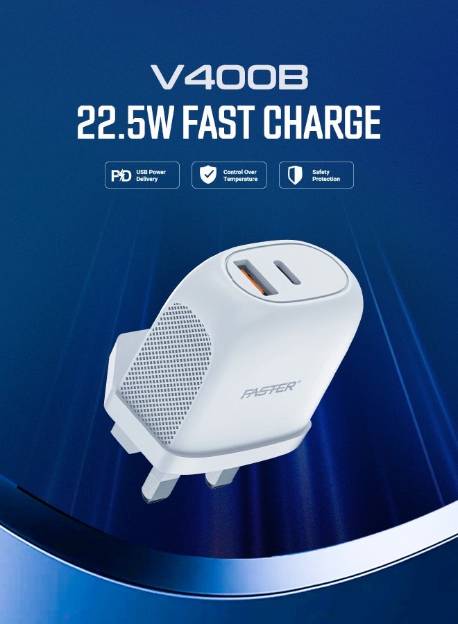 Faster V400B 22.5W Dual Port Wall Charger with 100cm Fast Charging Cable- Compact Fast Charging Brick with USB-C & USB-A, PD Power Delivery Safety Protection- Charger for iPhone Android & Type-C Enabled Devices, White - Image 2