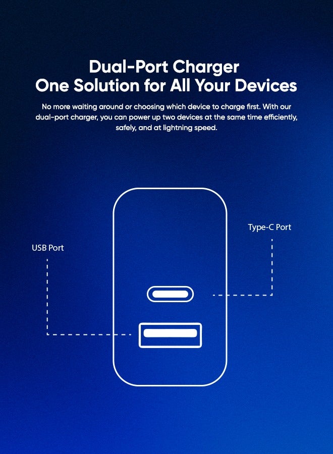 Faster V400B 22.5W Dual Port Wall Charger with 100cm Fast Charging Cable- Compact Fast Charging Brick with USB-C & USB-A, PD Power Delivery Safety Protection- Charger for iPhone Android & Type-C Enabled Devices, White - Image 3
