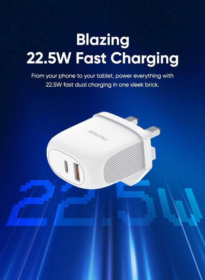 Faster V400B 22.5W Dual Port Wall Charger with 100cm Fast Charging Cable- Compact Fast Charging Brick with USB-C & USB-A, PD Power Delivery Safety Protection- Charger for iPhone Android & Type-C Enabled Devices, White - Image 5