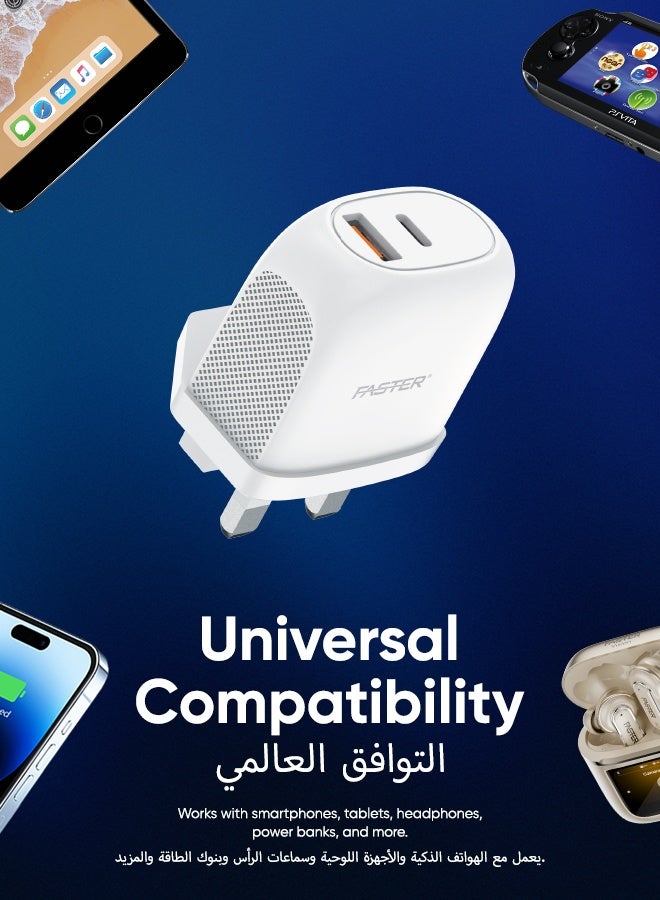 Faster V400B 22.5W Dual Port Wall Charger with 100cm Fast Charging Cable- Compact Fast Charging Brick with USB-C & USB-A, PD Power Delivery Safety Protection- Charger for iPhone Android & Type-C Enabled Devices, White - Image 5