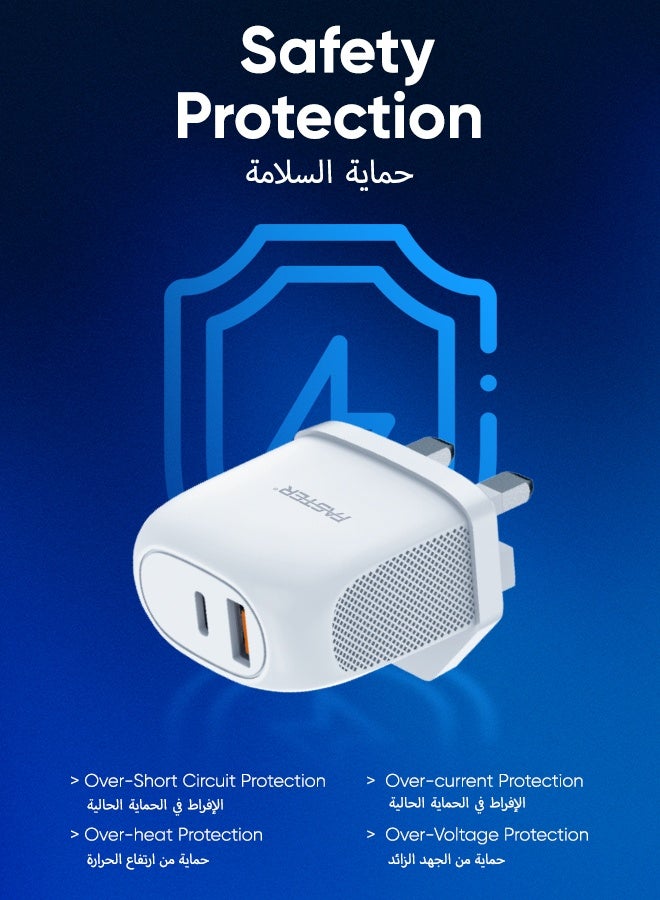 Faster V400B 22.5W Dual Port Wall Charger with 100cm Fast Charging Cable- Compact Fast Charging Brick with USB-C & USB-A, PD Power Delivery Safety Protection- Charger for iPhone Android & Type-C Enabled Devices, White - Image 3