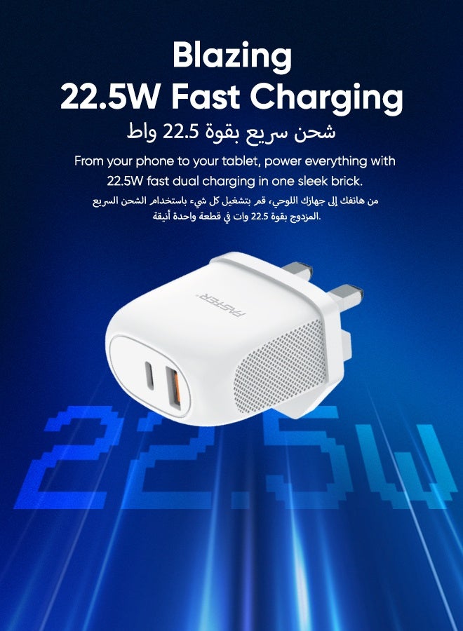 Faster V400B 22.5W Dual Port Wall Charger with 100cm Fast Charging Cable- Compact Fast Charging Brick with USB-C & USB-A, PD Power Delivery Safety Protection- Charger for iPhone Android & Type-C Enabled Devices, White - Image 4
