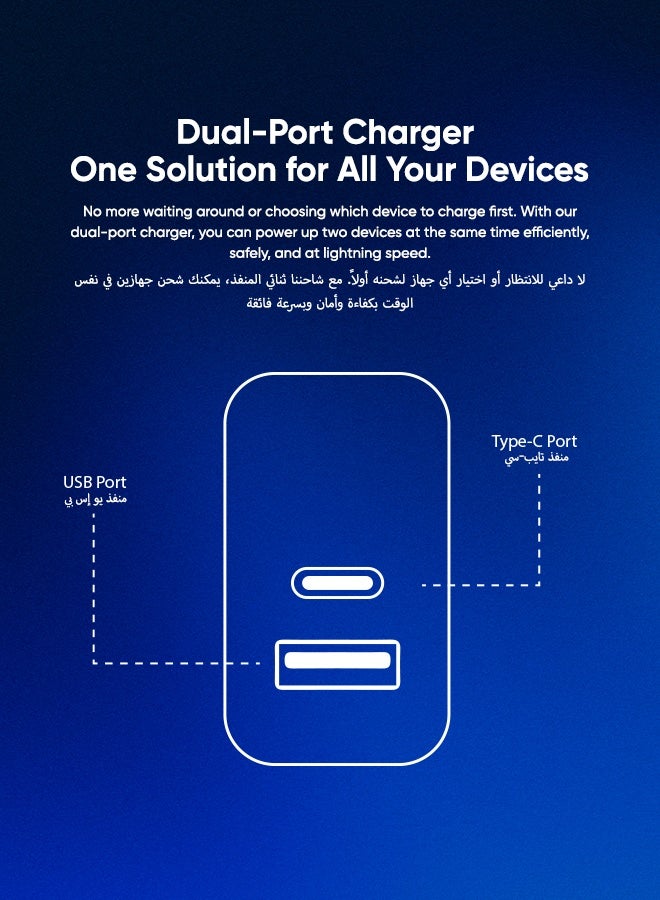 Faster V400B 22.5W Dual Port Wall Charger with 100cm Fast Charging Cable- Compact Fast Charging Brick with USB-C & USB-A, PD Power Delivery Safety Protection- Charger for iPhone Android & Type-C Enabled Devices, White - Image 2