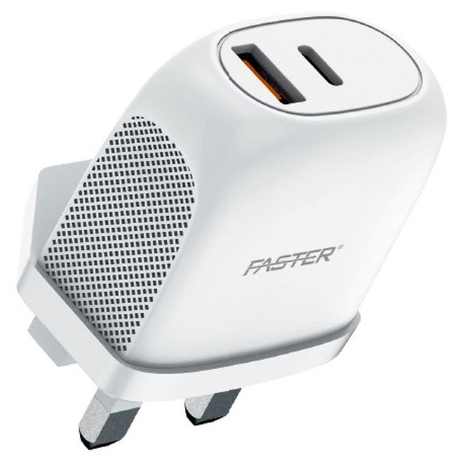 Faster شاحن حائط مزدوج V400B بقوة 22.5 واط مع كابل شحن سريع بطول 100 سم - شاحن سريع مدمج مع USB-C و USB-A، حماية توصيل الطاقة PD - شاحن لأجهزة iPhone و Android والأجهزة المدعومة من Type-C، أبيض - Image 1