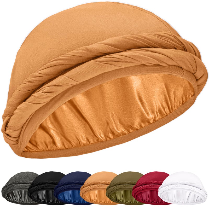 CAPLORD Silk Satin Lined Halo Turban Head Wrap Pre-Tied Skull Cap for Men and Women Sleeping Bonnet Hair Cover Chemo Hair Loss Hat (US, Alpha, X-Large, Tan) - Image 1