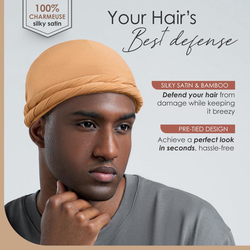 CAPLORD Silk Satin Lined Halo Turban Head Wrap Pre-Tied Skull Cap for Men and Women Sleeping Bonnet Hair Cover Chemo Hair Loss Hat (US, Alpha, X-Large, Tan) - Image 2