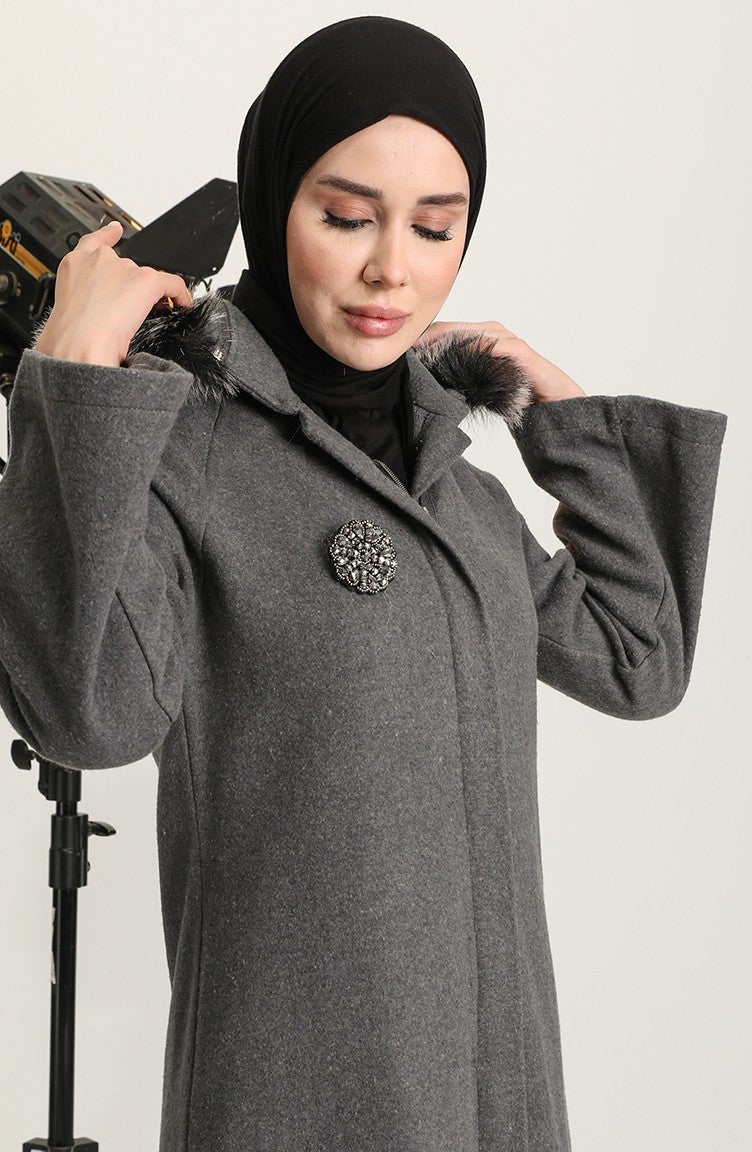 Sefa Merve Brooch Cashmere Coat 611570-02 Gray - Image 4