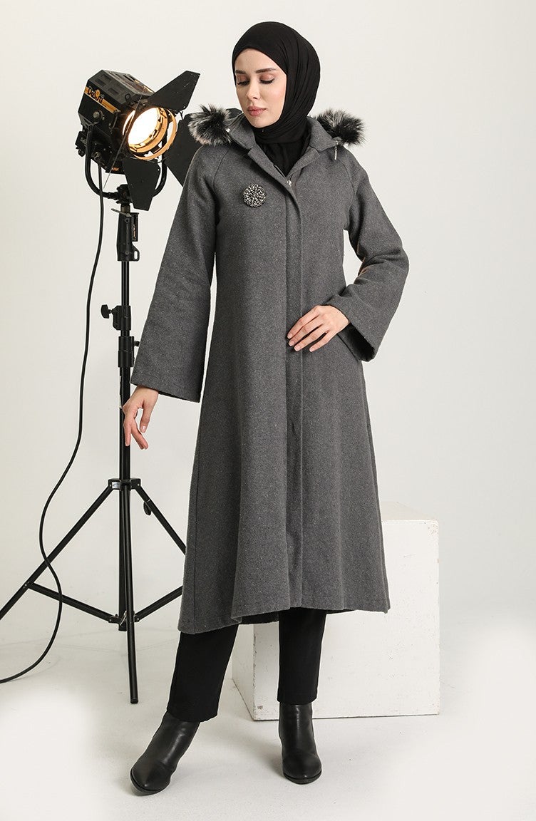 Sefa Merve Brooch Cashmere Coat 611570-02 Gray - Image 2