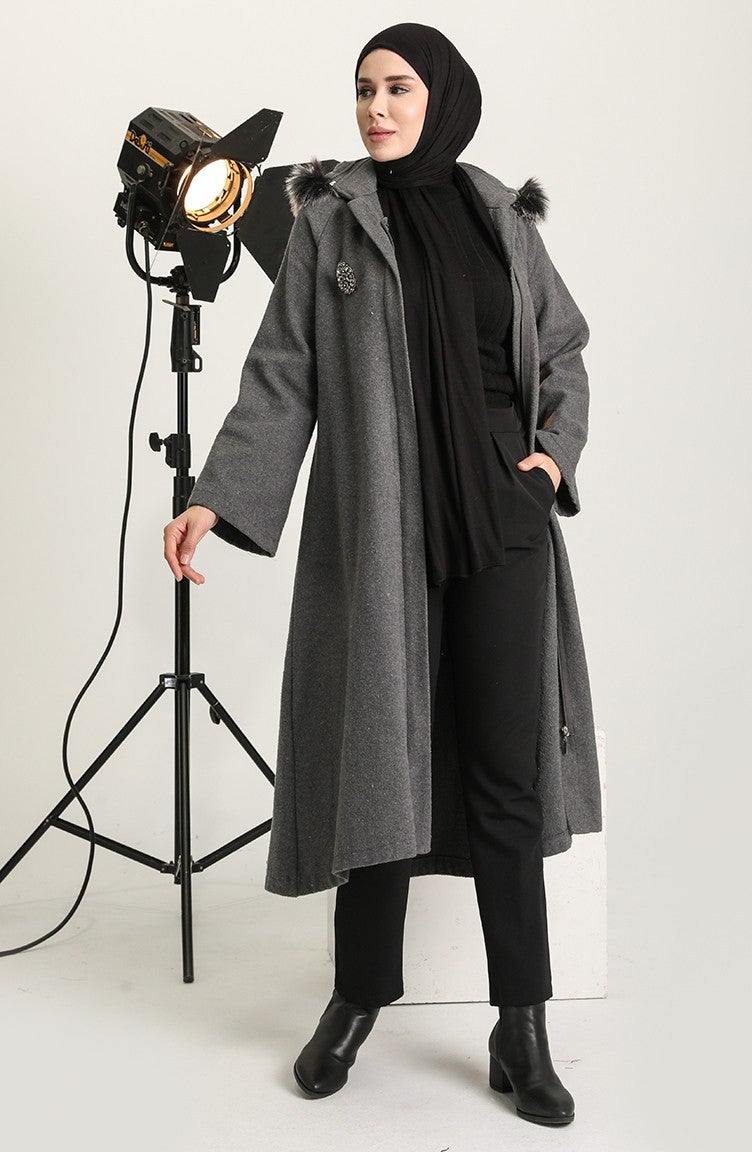 Sefa Merve Brooch Cashmere Coat 611570-02 Gray - Image 1