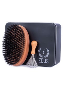 Zeus Oval Military Beard Brush With Bristle Cleaner, Boar Bristle Beard Brush & Bristle Rake Cleaner Gift Set (Made In Germany) Soft Bristles Q92  - Image 1