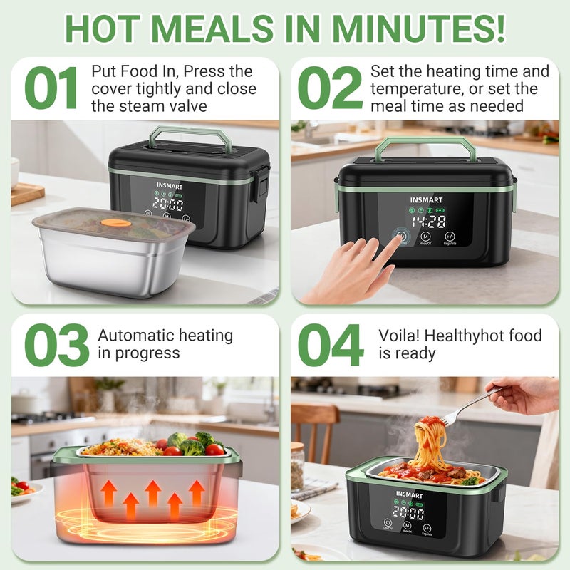 INSMART Cordless Electric Lunch Box for Adults, 1.5L Large Portable Heated Lunch Boxes with Smart Timer and 60W Rapid Uniform Heating, 304 Stainless Steel Lunch Box for Office, Travel, Car & Home Use - Image 5