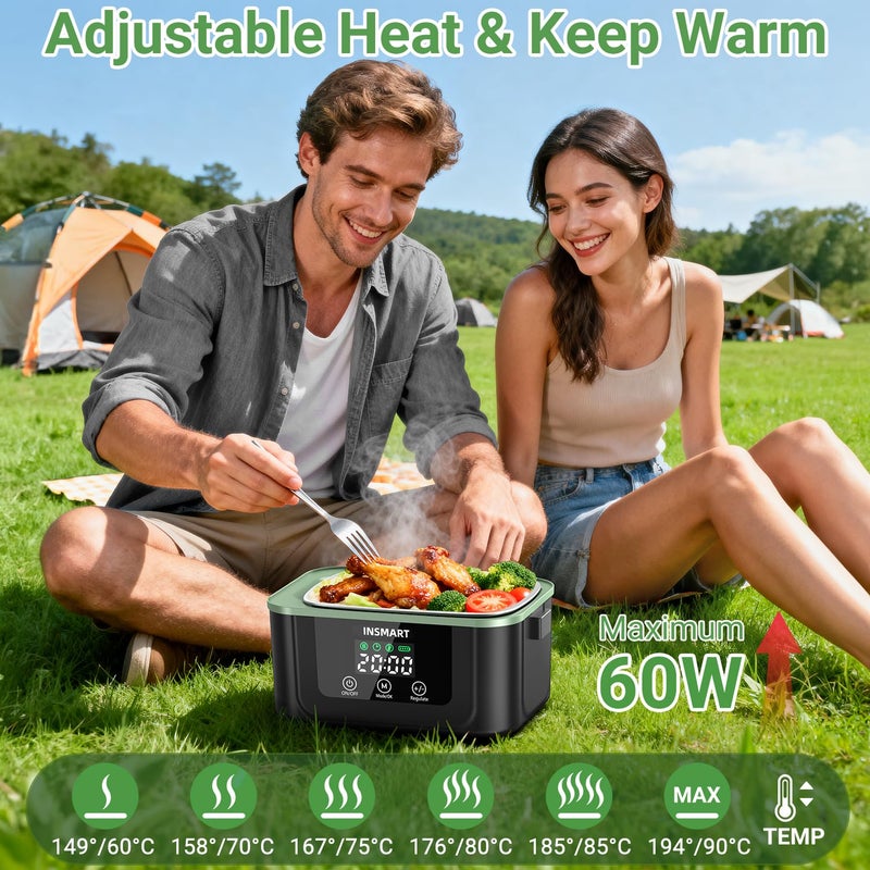 INSMART Cordless Electric Lunch Box for Adults, 1.5L Large Portable Heated Lunch Boxes with Smart Timer and 60W Rapid Uniform Heating, 304 Stainless Steel Lunch Box for Office, Travel, Car & Home Use - Image 3