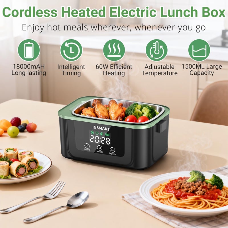 INSMART Cordless Electric Lunch Box for Adults, 1.5L Large Portable Heated Lunch Boxes with Smart Timer and 60W Rapid Uniform Heating, 304 Stainless Steel Lunch Box for Office, Travel, Car & Home Use - Image 2