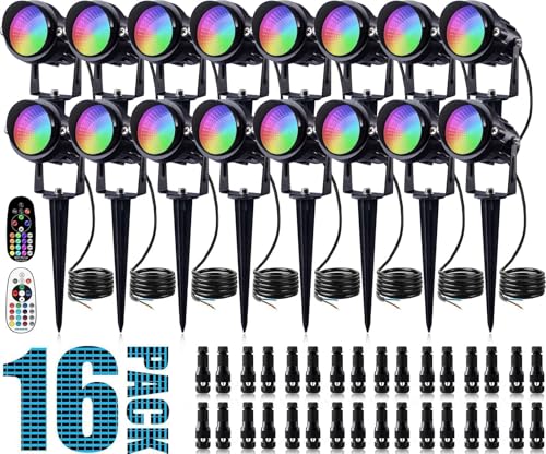 SUNVIE Christmas RGB Low Voltage Landscape Lights 12W LED Color Changing Landscape Lights Remote Control Waterproof Spotlights Outdoor Landscape Lighting for Yard Garden 16 Pack with Connector - Image 1