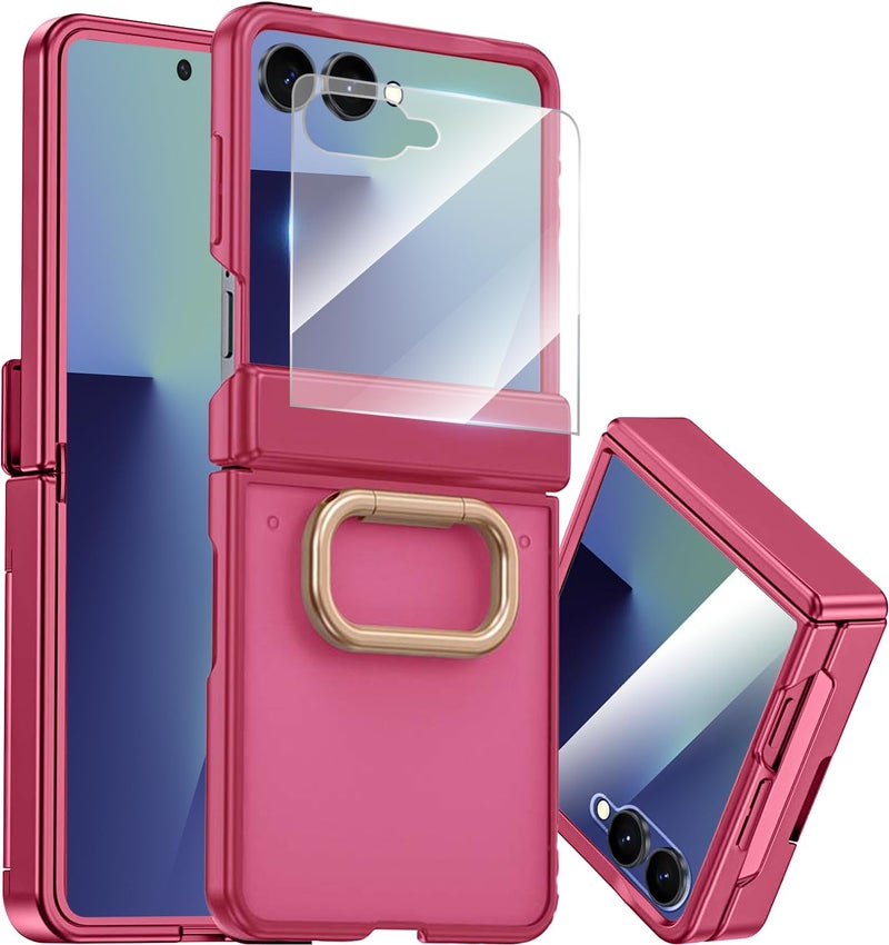 NINKI for Samsung Galaxy Z Flip 7 Case with Rotatable Ring,Built-in Screen Protector Hinge Protection Case for Samsung Galaxy Z Flip 7 Shockproof Rugged Translucent Matte Cover for flip7 Rose Pink - Image 1