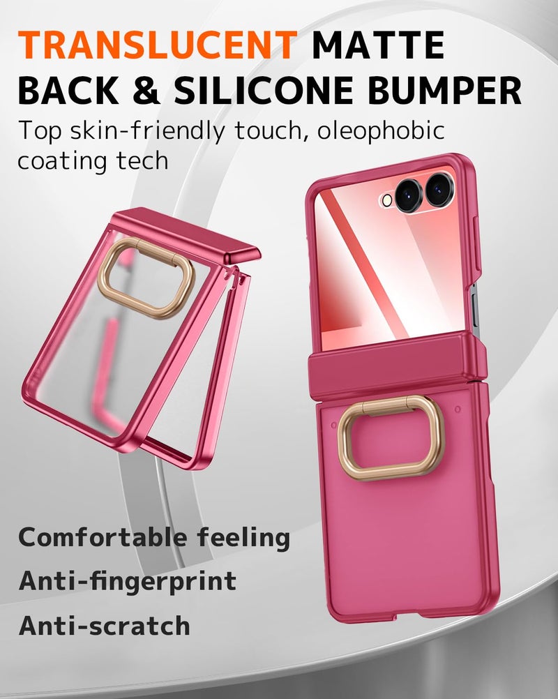 NINKI for Samsung Galaxy Z Flip 7 Case with Rotatable Ring,Built-in Screen Protector Hinge Protection Case for Samsung Galaxy Z Flip 7 Shockproof Rugged Translucent Matte Cover for flip7 Rose Pink - Image 3