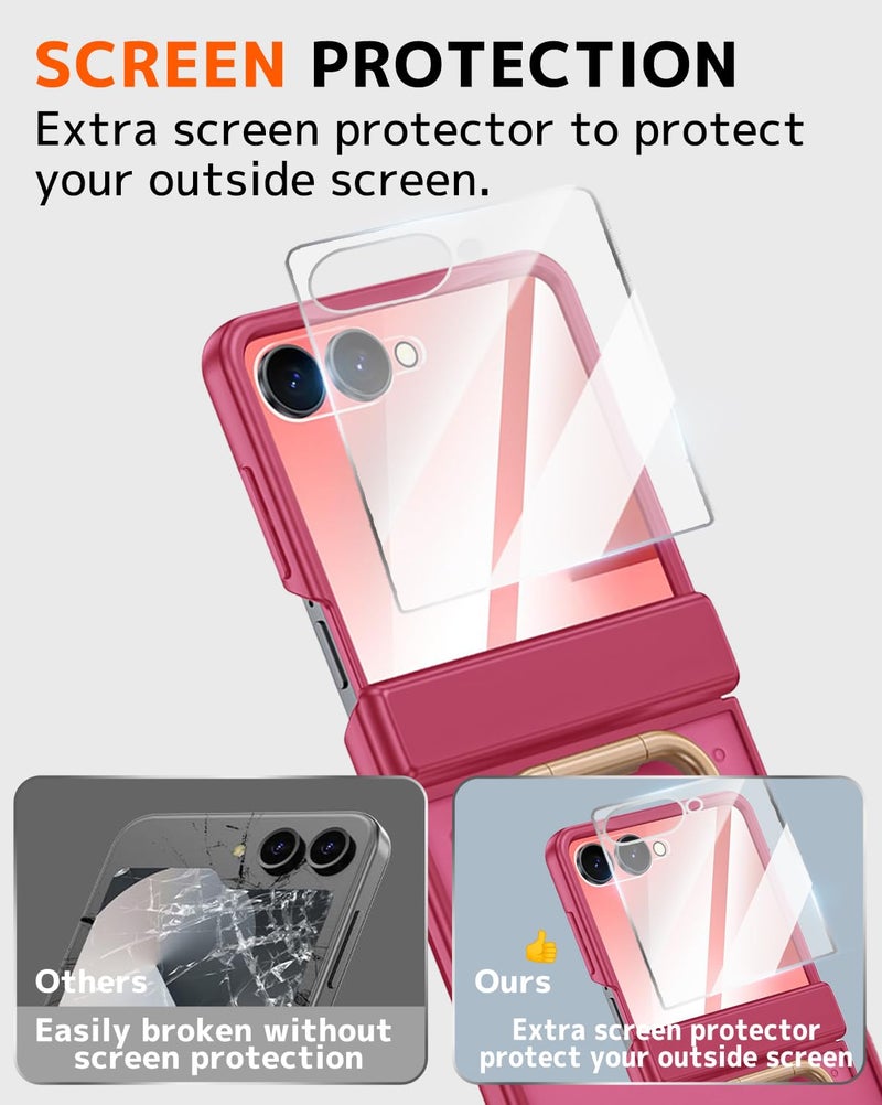 NINKI for Samsung Galaxy Z Flip 7 Case with Rotatable Ring,Built-in Screen Protector Hinge Protection Case for Samsung Galaxy Z Flip 7 Shockproof Rugged Translucent Matte Cover for flip7 Rose Pink - Image 2