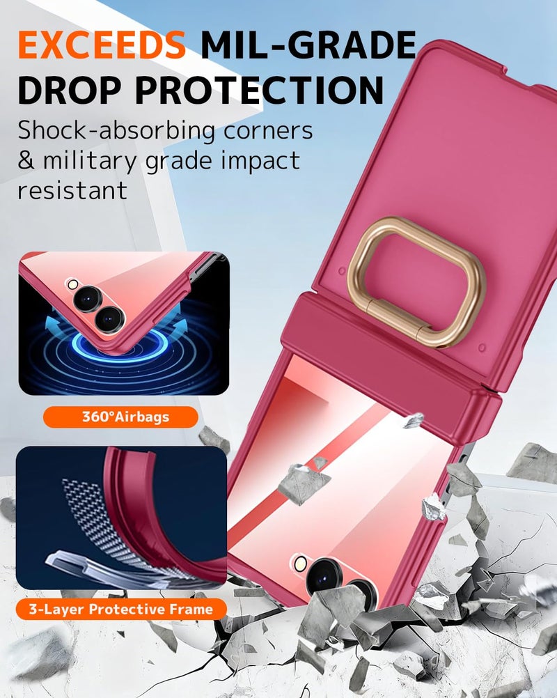 NINKI for Samsung Galaxy Z Flip 7 Case with Rotatable Ring,Built-in Screen Protector Hinge Protection Case for Samsung Galaxy Z Flip 7 Shockproof Rugged Translucent Matte Cover for flip7 Rose Pink - Image 4
