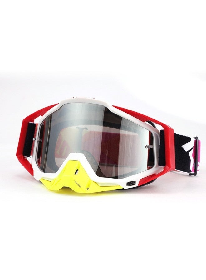 100 Motocross Goggles for Motorcycle Helmet Riding, White Frame with Yellow Nose Guard and Red Trim