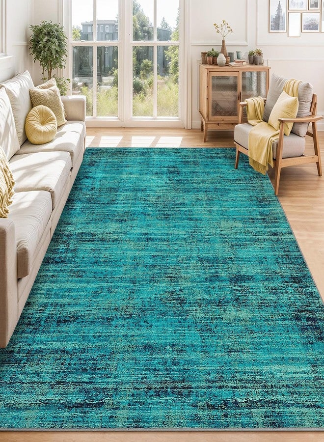 CAROMIO 5x7 Washable Area Rugs for Living Room, Soft Vintage Distressed Large Bedroom Rug Foldable Indoor Floor Carpet, Retro Abstract Thin Non-Slip Throw Rugs for Bedroom Dining Room, Teal Multi - Image 1