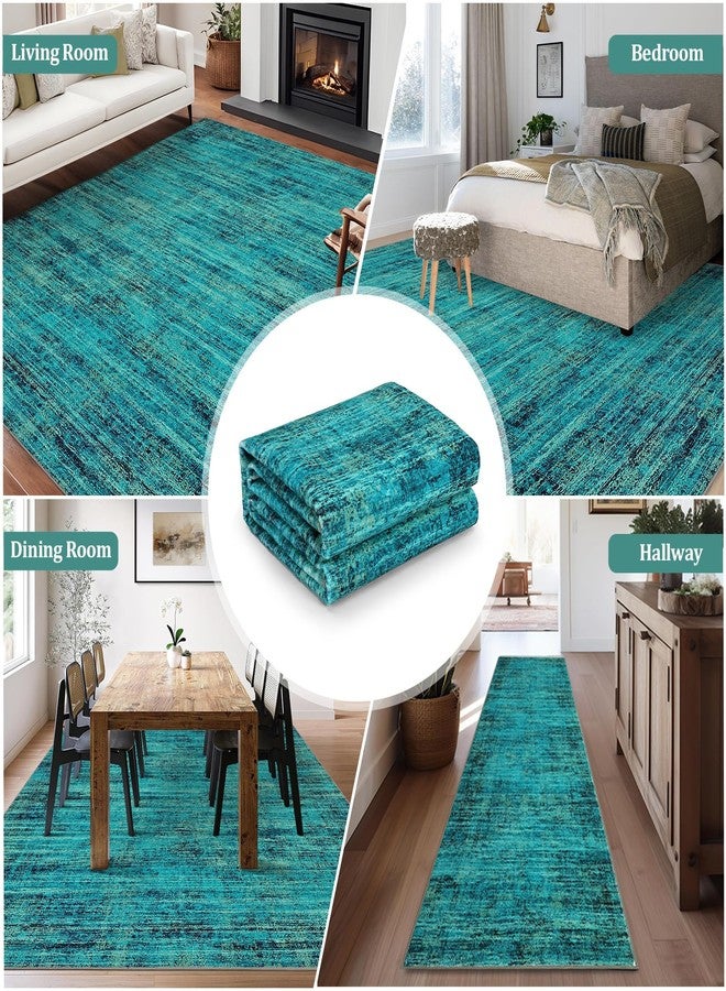 CAROMIO 5x7 Washable Area Rugs for Living Room, Soft Vintage Distressed Large Bedroom Rug Foldable Indoor Floor Carpet, Retro Abstract Thin Non-Slip Throw Rugs for Bedroom Dining Room, Teal Multi - Image 5