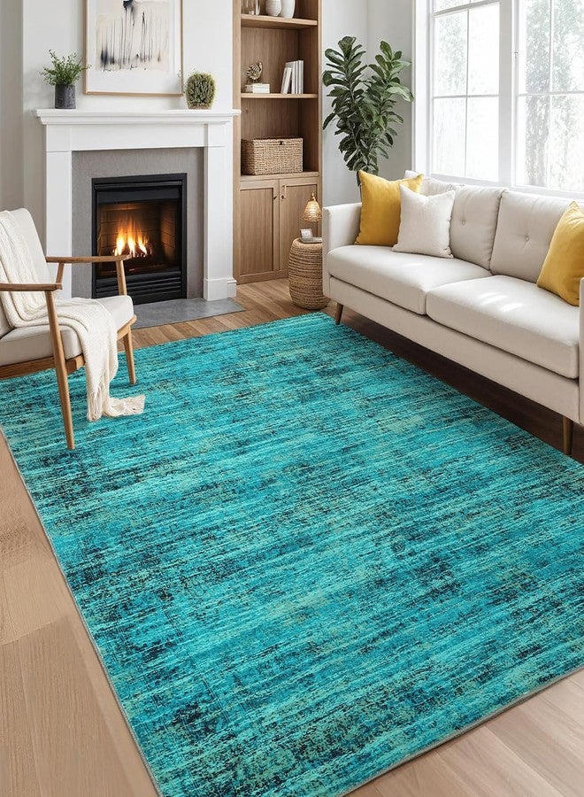 CAROMIO 5x7 Washable Area Rugs for Living Room, Soft Vintage Distressed Large Bedroom Rug Foldable Indoor Floor Carpet, Retro Abstract Thin Non-Slip Throw Rugs for Bedroom Dining Room, Teal Multi - Image 2