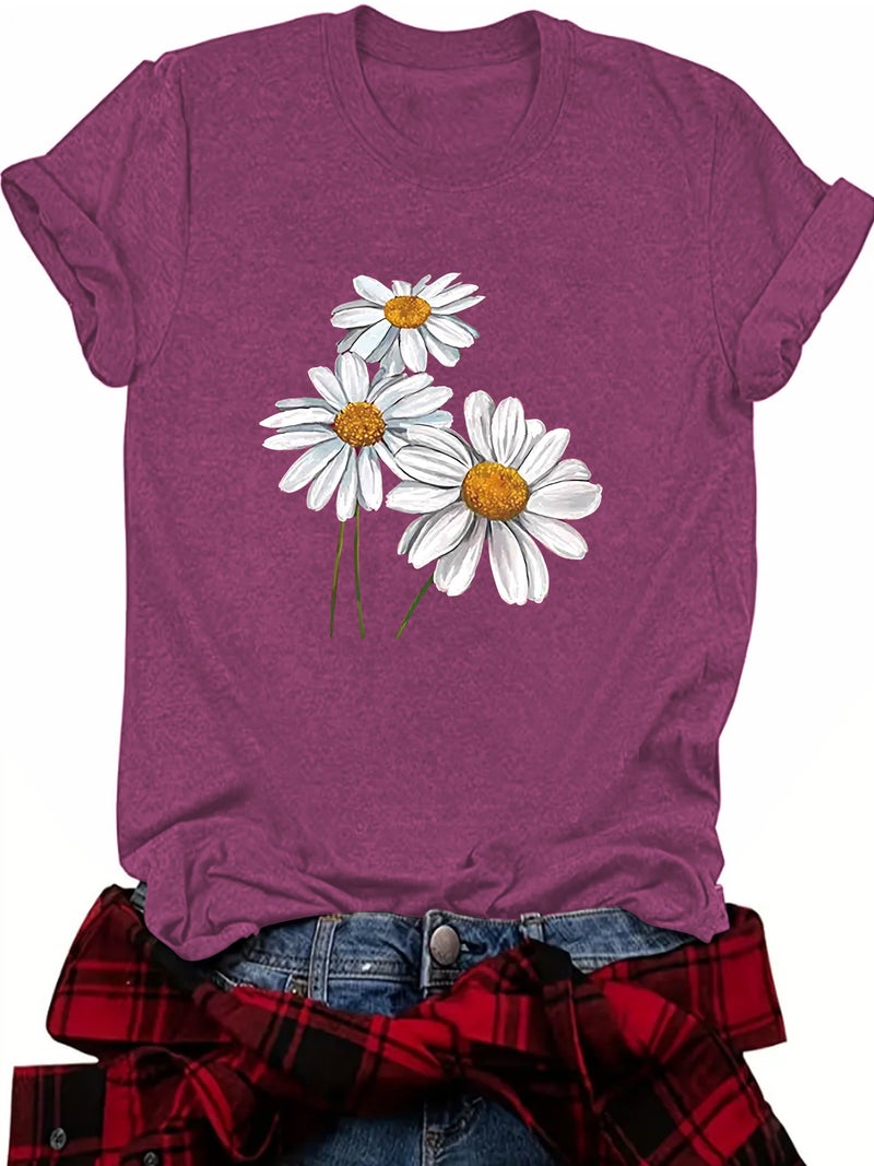 summer women's plant flower pattern round neck short sleeve casual fashion explosion T-shirt - Image 4