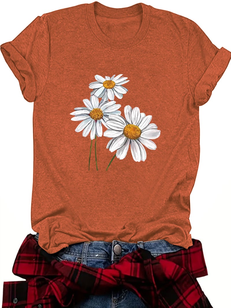 summer women's plant flower pattern round neck short sleeve casual fashion explosion T-shirt - Image 1