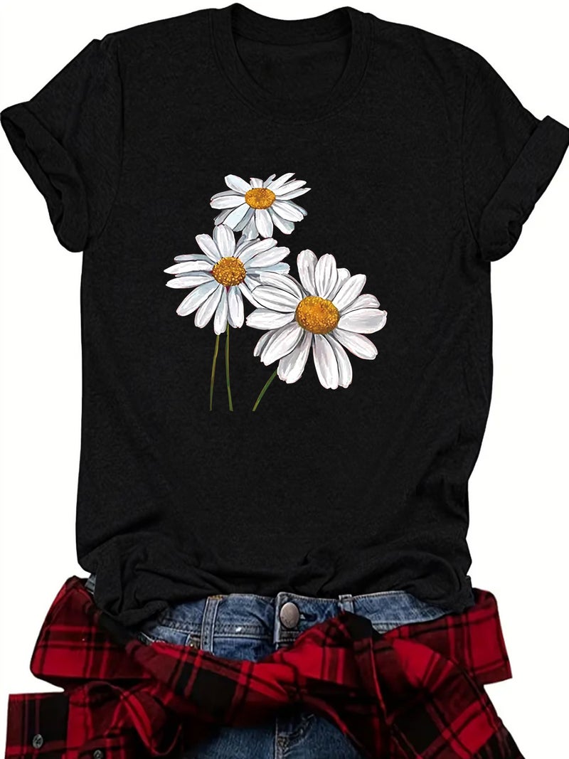 summer women's plant flower pattern round neck short sleeve casual fashion explosion T-shirt - Image 3