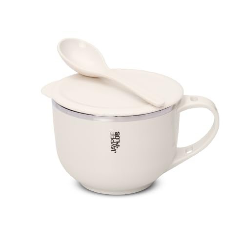 Jaypee Plus Stainless Steel Soup Bowl with Lid & Spoon Holder Souptok, Maggi Bowl Noodles Pasta Bowl, Mug for Milk, Best Diwali Gift, Mug for Kids, Girls, Boys, Birthday, Ivory 700 ml - Image 1