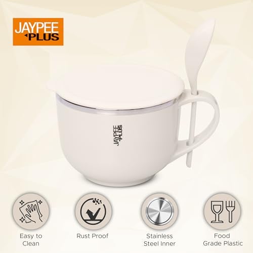 Jaypee Plus Stainless Steel Soup Bowl with Lid & Spoon Holder Souptok, Maggi Bowl Noodles Pasta Bowl, Mug for Milk, Best Diwali Gift, Mug for Kids, Girls, Boys, Birthday, Ivory 700 ml - Image 5