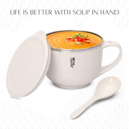 Jaypee Plus Stainless Steel Soup Bowl with Lid & Spoon Holder Souptok, Maggi Bowl Noodles Pasta Bowl, Mug for Milk, Best Diwali Gift, Mug for Kids, Girls, Boys, Birthday, Ivory 700 ml - Image 3