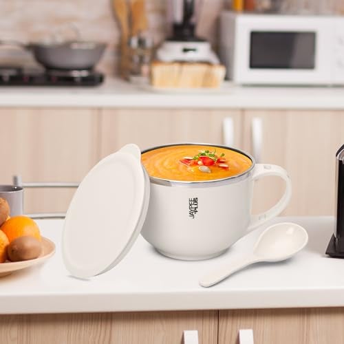 Jaypee Plus Stainless Steel Soup Bowl with Lid & Spoon Holder Souptok, Maggi Bowl Noodles Pasta Bowl, Mug for Milk, Best Diwali Gift, Mug for Kids, Girls, Boys, Birthday, Ivory 700 ml - Image 2