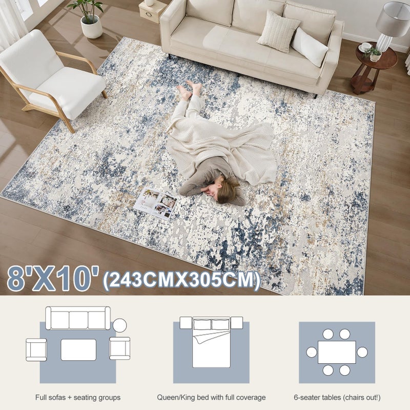 DMOYEST Area Rug Living Room Rugs - 8x10 Abstract Large Soft Indoor Washable Rug Neutral Modern Low Pile Carpet for Bedroom Dining Room Farmhouse Home Office - Beige Blue - Image 5