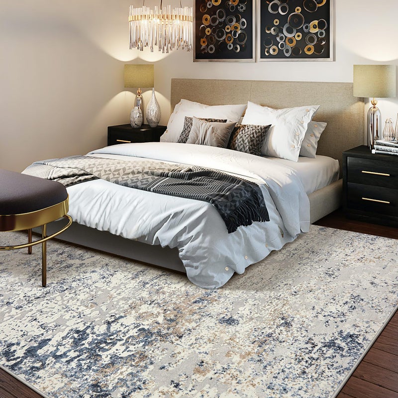 DMOYEST Area Rug Living Room Rugs - 8x10 Abstract Large Soft Indoor Washable Rug Neutral Modern Low Pile Carpet for Bedroom Dining Room Farmhouse Home Office - Beige Blue - Image 3