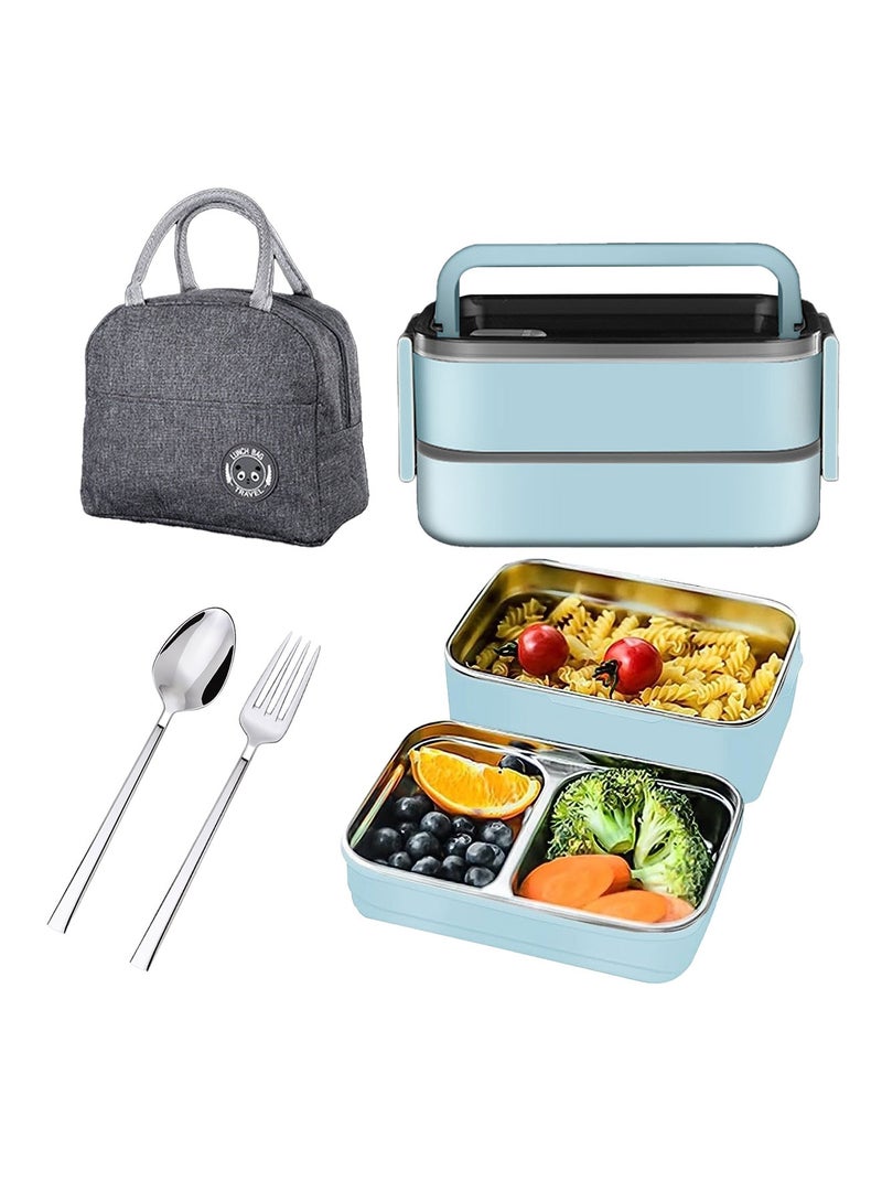 Adando Stainless Steel Lunch Box -1400ml Double Layer Microwave-Safe Bento Containers - 304 Bento box Insulated Leakproof - Insulated Lunch Box Ideal for Adults Office Students School- with Thermal Bag & Cutlery - Image 1