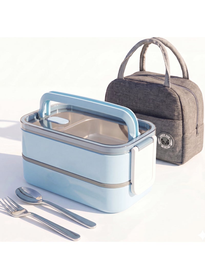 Adando Stainless Steel Lunch Box -1400ml Double Layer Microwave-Safe Bento Containers - 304 Bento box Insulated Leakproof - Insulated Lunch Box Ideal for Adults Office Students School- with Thermal Bag & Cutlery - Image 1