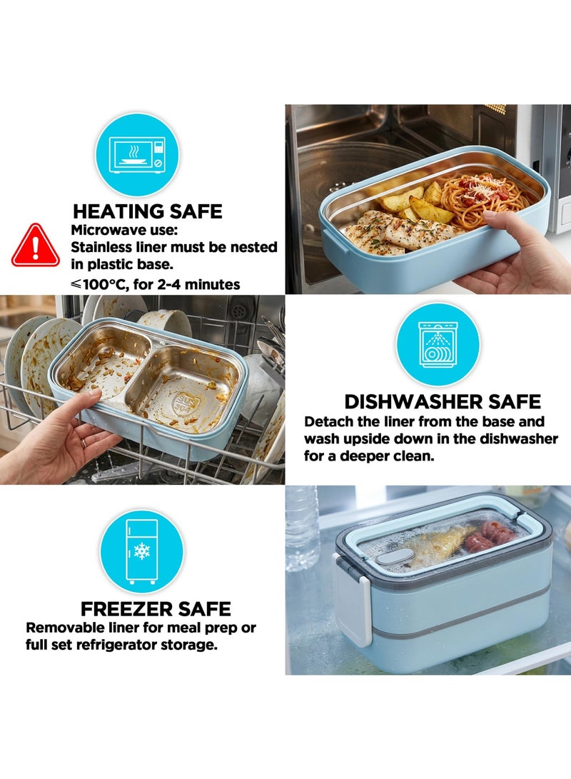 Adando Stainless Steel Lunch Box -1400ml Double Layer Microwave-Safe Bento Containers - 304 Bento box Insulated Leakproof - Insulated Lunch Box Ideal for Adults Office Students School- with Thermal Bag & Cutlery - Image 3