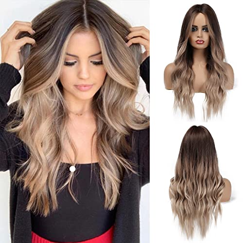 باروكة إسمى بطول 20 بوصة بألوان أومبري بلون أشقر مع غرة، باروكات صناعية طويلة ومجعدة للنساء، جذور بنية وشعر أشقر