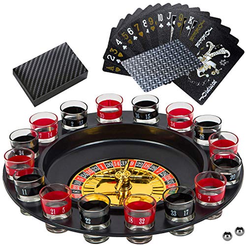 BETTERLINE Shot Glass Roulette Drinking Game and Poker Playing Cards Set - Spinning Wheel, 2 Balls and 16 Shot Glasses - Casino Adult Party Games - Image 1