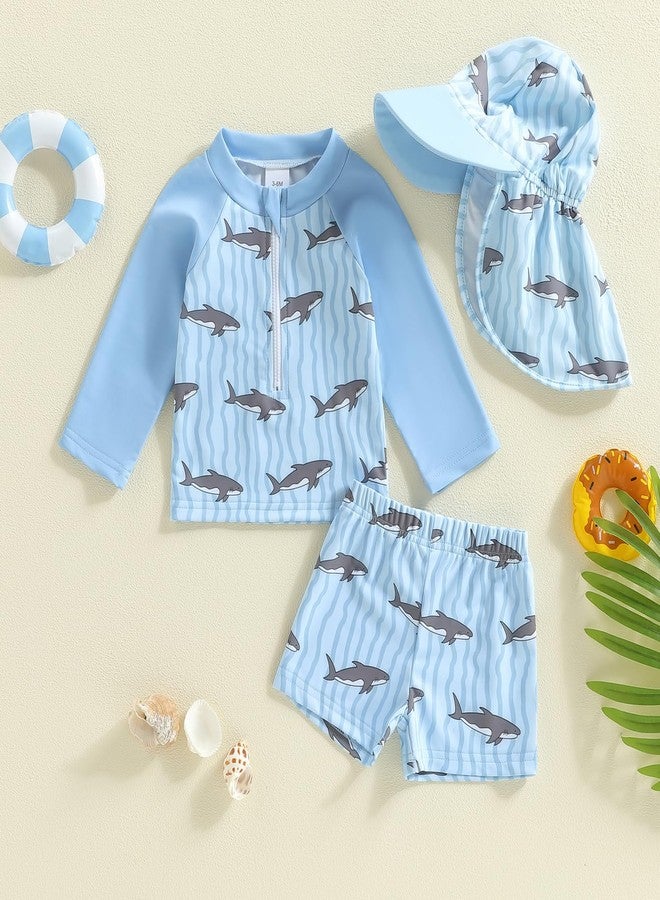 RWYBEIW Toddler Baby Boy Rash Guard Swimsuit 3-Piece Bathing Suit Swim Set Long Sleeve Zipper Swimwear Shirt Trunk with Hat (US, Age, 18 Months, 24 Months, Sky Blue) - Image 3