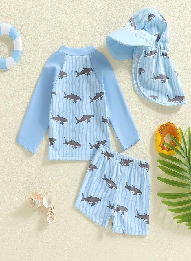 RWYBEIW Toddler Baby Boy Rash Guard Swimsuit 3-Piece Bathing Suit Swim Set Long Sleeve Zipper Swimwear Shirt Trunk with Hat (US, Age, 18 Months, 24 Months, Sky Blue) - Image 4