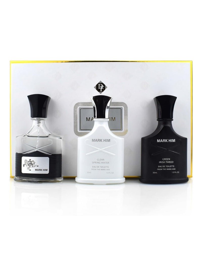 Mark Him 3-Piece Men’s Cologne Gift Set 30ml Each Luxury Masculine Fragrance Collection Mark Him Classic Clear Black, Clear Spring Water White & Green Irish Tweed Black Long Lasting Fresh Woody Aromatic Perfume Set for Daily Use & Gifting