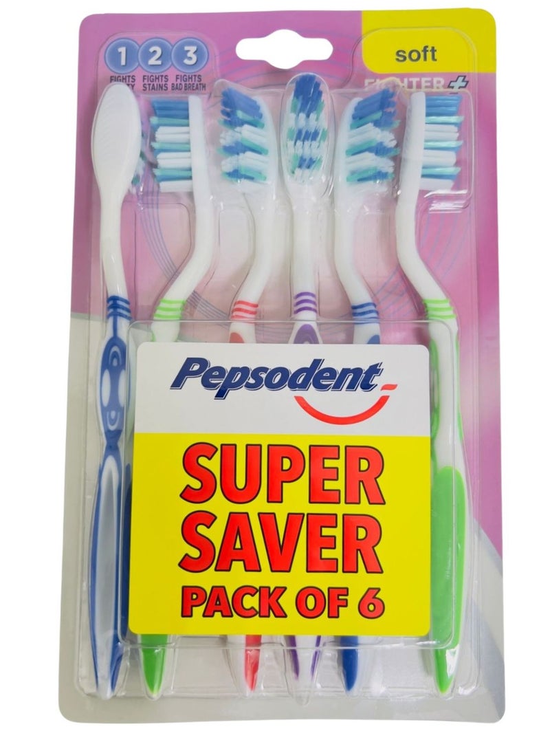 Pepsodent Fighter+ Toothbrush, Soft, Super Saver Pack of 6 - Image 1