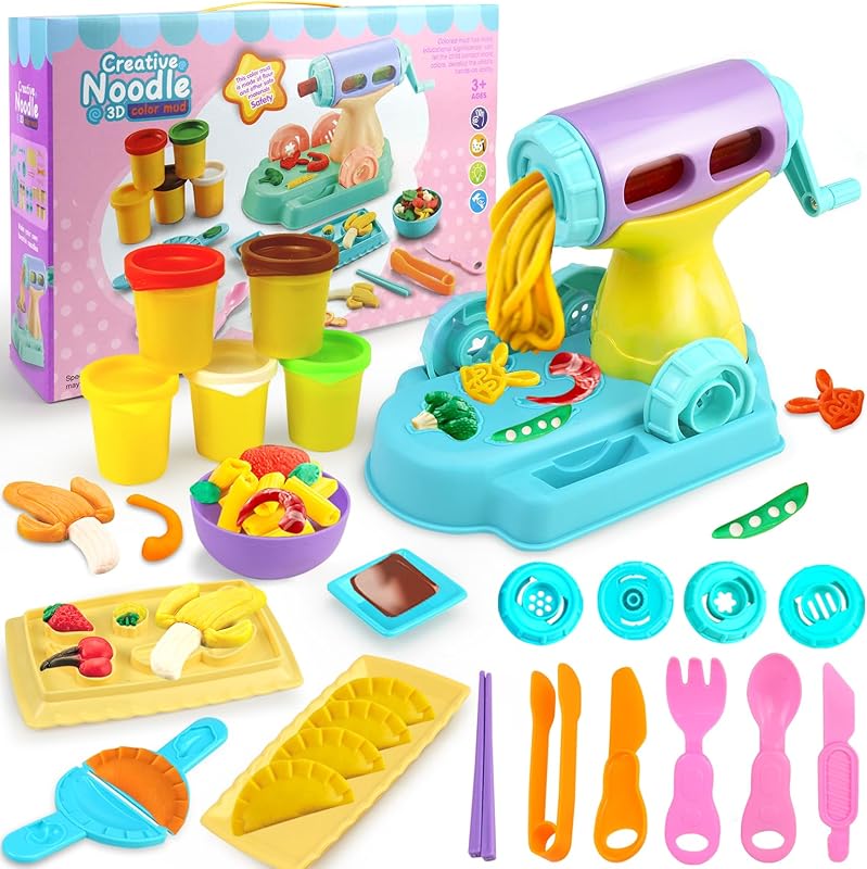 Dear Deer Play Dough Kitchen Creations Noodle Maker Play Dough Set Handmade DIY Creative Noodle Machine Toy Kit with Dough and Molds for Kids 23 Pieces