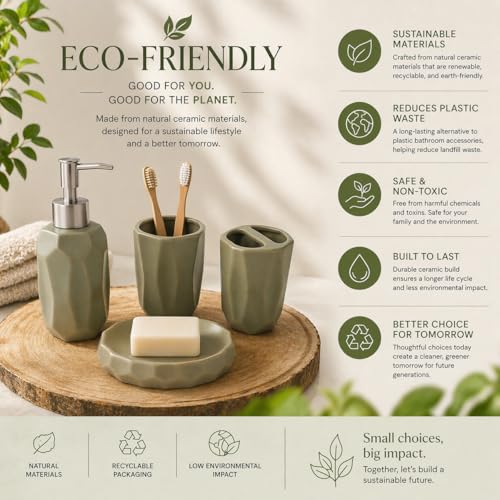 Whizzo Luxury 4-Piece Ceramic Bathroom Accessories Set | Soap Dispenser, Soap Dish, Tumbler & Toothbrush Holder | Premium Bathroom Set for Modern Home Décor (BS-902, Beige) - Image 3