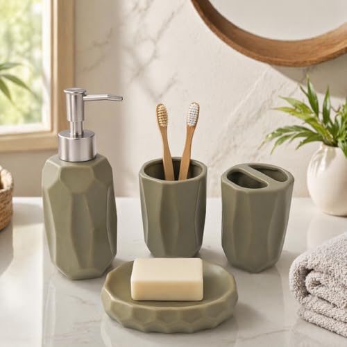 Whizzo Luxury 4-Piece Ceramic Bathroom Accessories Set | Soap Dispenser, Soap Dish, Tumbler & Toothbrush Holder | Premium Bathroom Set for Modern Home Décor (BS-902, Beige) - Image 4