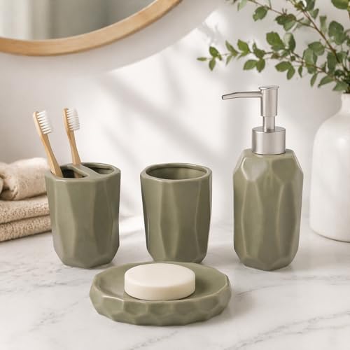 Whizzo Luxury 4-Piece Ceramic Bathroom Accessories Set | Soap Dispenser, Soap Dish, Tumbler & Toothbrush Holder | Premium Bathroom Set for Modern Home Décor (BS-902, Beige) - Image 1